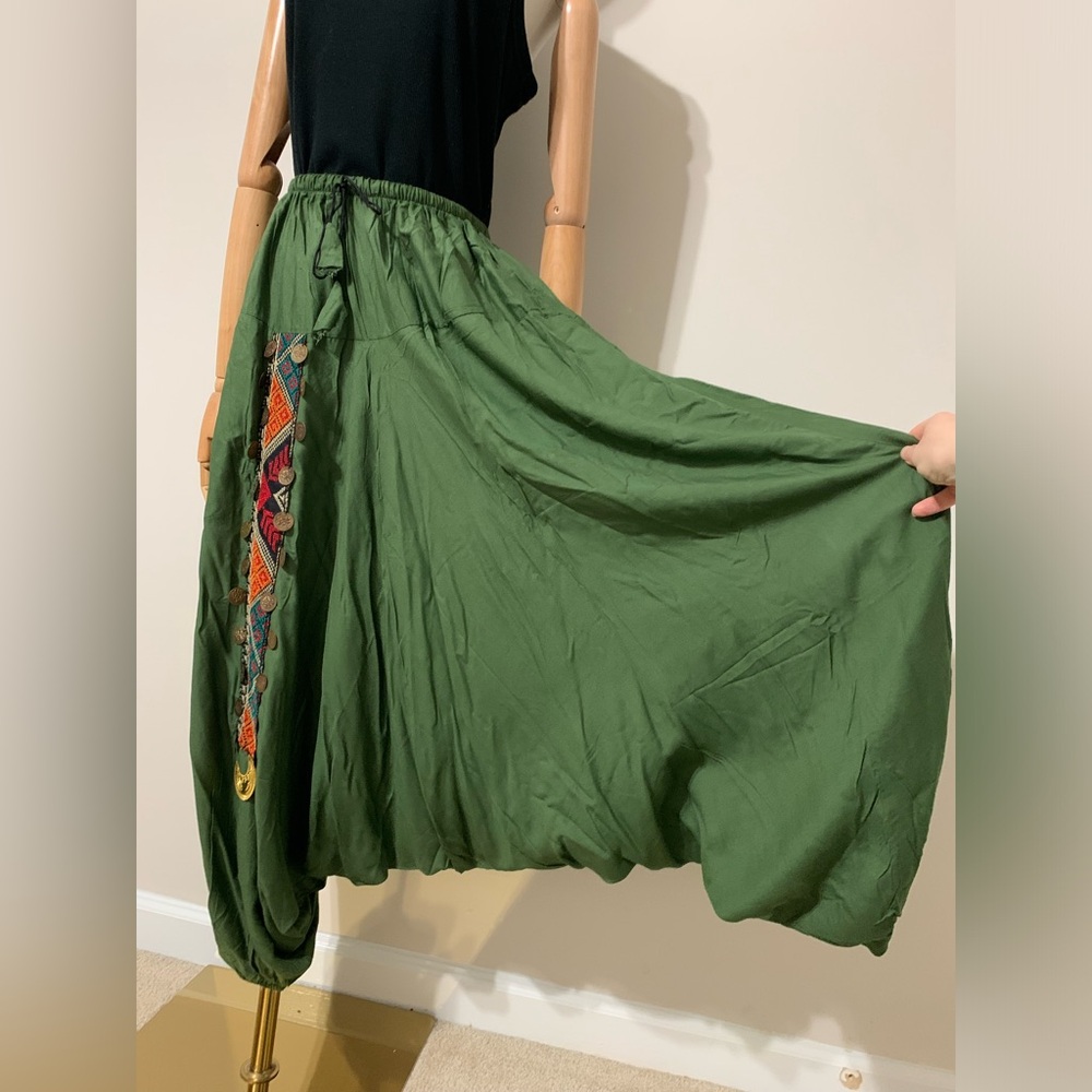 Green Triangles Hobo Embroidered Low Harem Baggy Pants